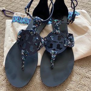 Tory Burch Navy and Floral Sandals